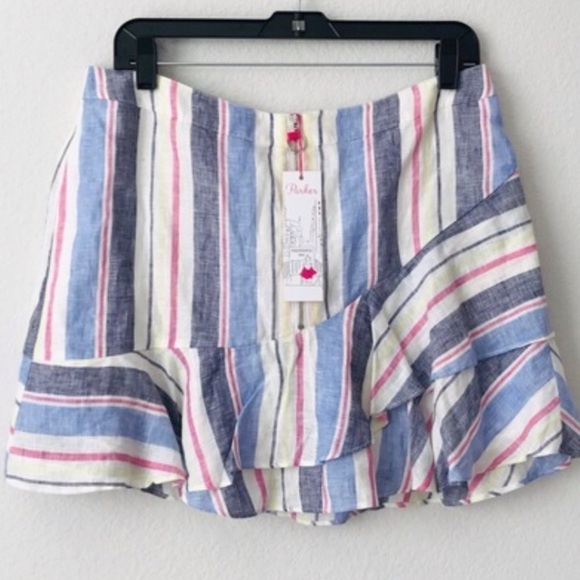 New! Parker Linen Bohemian Striped Ruffle Tier Beach Mini Skirt - Picture 2 of 8